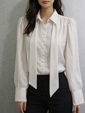 Joie Ivory Satin Victorian Bow Tie Button Down Blouse Size Small